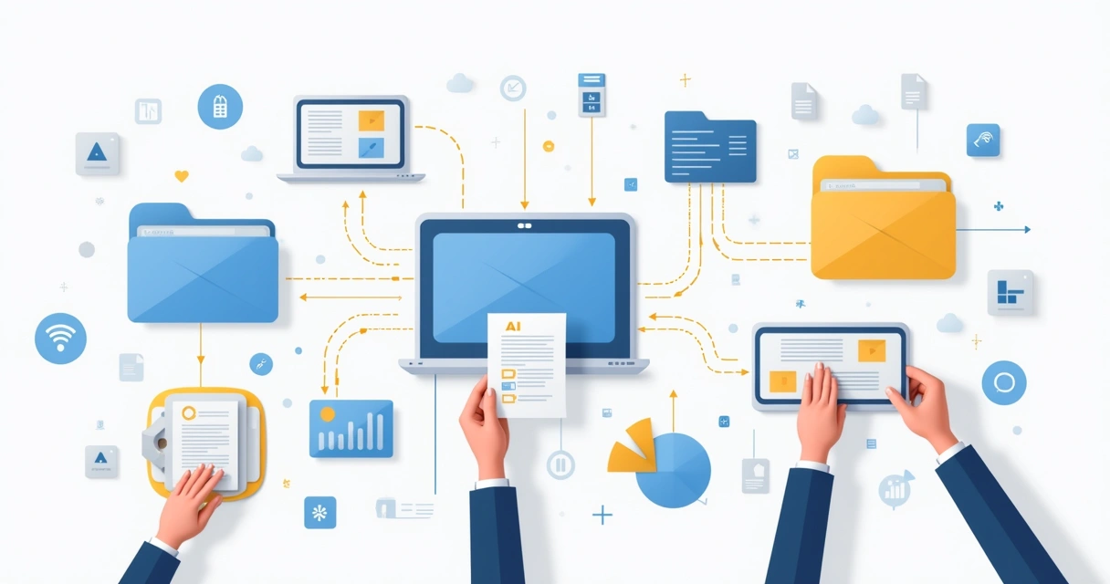 Digital workspace with folders, documents, and links connected by lines